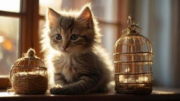 A fluffy gray kitten rests beside decorative birdcages in soft natural light. photo