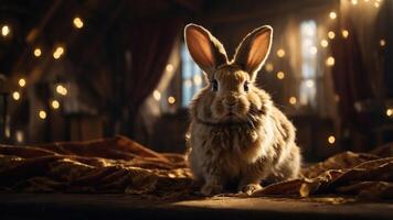 A fluffy rabbit sits on a textured surface, illuminated by warm, ambient lighting. photo