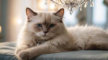A fluffy cat lounging elegantly with a sparkling chandelier in the background. photo