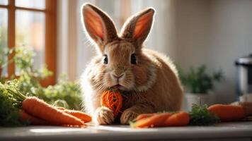 A cute rabbit sitting with carrots, showcasing a playful and vibrant scene. photo