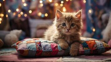 A fluffy kitten rests on a colorful pillow, surrounded by soft textures and warm lighting. photo