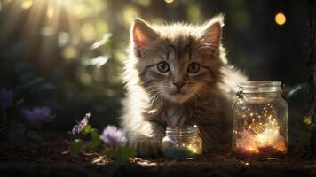 A fluffy kitten beside glowing jars in a serene, natural setting. photo