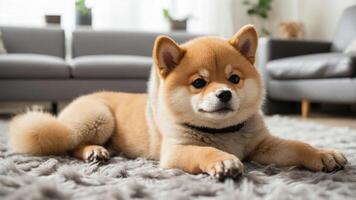 A Shiba Inu dog lounging on a cozy rug in a bright living room. photo