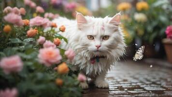 A fluffy white cat with a butterfly in a colorful flower garden. photo
