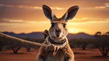 A kangaroo stands against a sunset backdrop, tied with a rope, in a serene landscape. photo