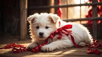 A fluffy white puppy with a red ribbon, surrounded by festive ribbons in a warm setting. photo