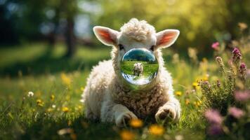 A playful lamb rests in a field, with a reflective bubble showcasing its surroundings. photo