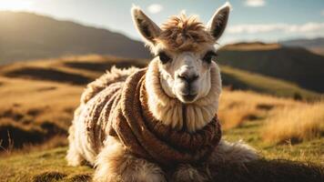 A fluffy llama lounging in a picturesque landscape during golden hour. photo