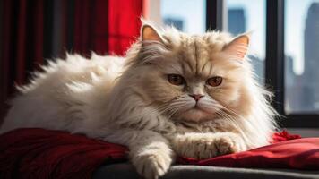 A fluffy Persian cat lounging on a red blanket near a window with a city view. photo