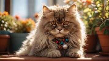 A fluffy cat with a festive collar resting among potted plants in warm sunlight. photo