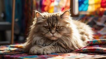 A fluffy Persian cat lounging on a colorful patterned surface with vibrant background light. photo