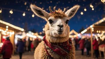 A llama adorned with a festive scarf stands in a lively holiday market. photo