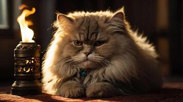 A fluffy Persian cat lounging beside a decorative lantern with a warm glow. photo
