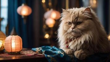 A regal Persian cat rests on a colorful fabric with lanterns glowing in the background. photo