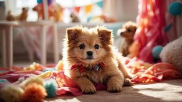 A playful puppy rests among colorful decorations in a cozy indoor setting. photo