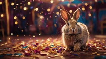 A playful rabbit amidst colorful confetti in a festive setting. photo