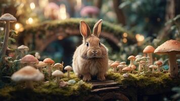 A cute rabbit sits among colorful mushrooms in a whimsical forest setting. photo