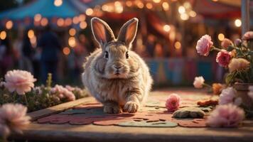 A rabbit sits on a colorful mat in a lively carnival setting with flowers and lights. photo