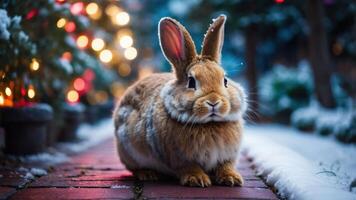 A fluffy rabbit sits on a brick path surrounded by snow and festive lights. photo