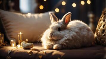 A cozy rabbit resting on a couch with soft lighting and decorative elements. photo