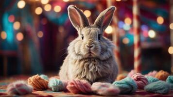 A fluffy rabbit surrounded by colorful yarn in a whimsical setting. photo