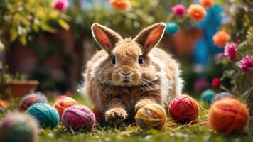 A fluffy rabbit surrounded by colorful yarn balls in a vibrant garden setting. photo