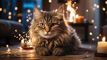 A cozy scene featuring a cat surrounded by soft lighting and candles, creating a warm atmosphere. photo