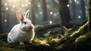 A serene white rabbit sits on moss in a mystical forest, illuminated by soft lights. photo