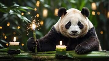 A panda holding a sparkler beside candles in a lush, green setting. photo