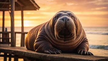 A walrus resting on a dock during a colorful sunset over the ocean. photo