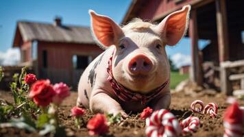 A pig lounging in a field surrounded by flowers and candy canes, exuding a playful charm. photo