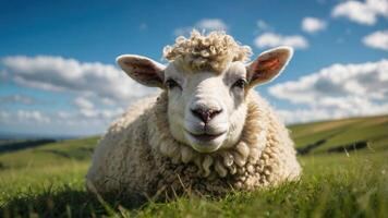 A close-up of a smiling sheep resting in a grassy field under a blue sky. photo