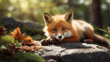 A close-up of a fox resting on a rock amidst a forest setting. photo