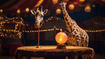 A whimsical circus scene featuring a giraffe and a decorative globe on a table. photo