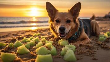 A happy dog enjoys a beach sunset surrounded by pieces of melon on the sand. photo