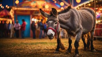 A donkey stands in front of a colorful carnival setting, surrounded by festive lights. photo