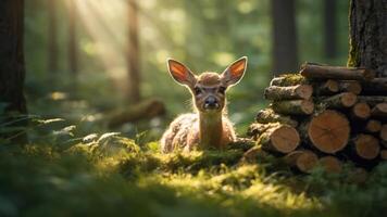A serene fawn resting in a sunlit forest clearing near a stack of logs. photo