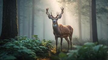 A serene deer stands in a misty forest, illuminated by soft rays of light. photo