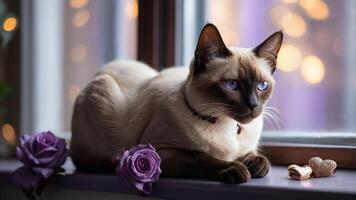 A Siamese cat lounging by a window with roses and soft bokeh lights in the background. photo