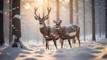 A serene winter scene featuring two deer in a snowy forest illuminated by soft sunlight. photo