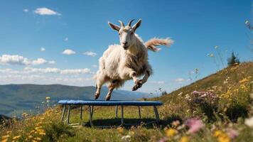 A goat joyfully jumping on a trampoline in a vibrant, flower-filled landscape. photo