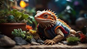 A bearded dragon in a cozy vest among plants and rocks, creating a whimsical scene. photo