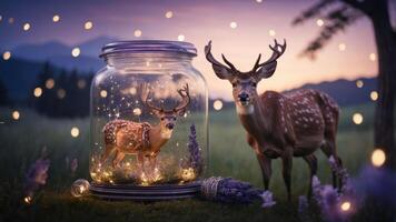 A serene scene featuring a deer in a jar, surrounded by nature and soft glowing lights. photo