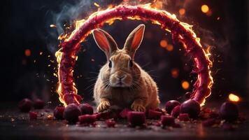 A rabbit sits in front of a flaming circular frame with scattered food around it. photo