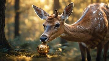 A deer curiously holds a golden ornament in a serene forest setting. photo