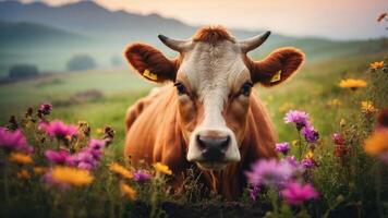 A cow in a field of colorful flowers at sunset, showcasing rural beauty and tranquility. photo