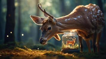 A deer curiously gazes at a small deer inside a glass jar in a mystical forest setting. photo