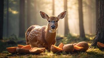A deer stands among scattered pumpkin halves in a serene forest setting. photo