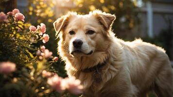 A golden dog stands among blooming flowers in a serene garden setting. photo