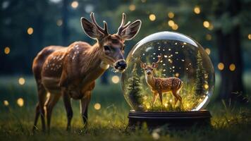 A deer stands beside a glass dome containing a fawn, surrounded by a magical forest setting. photo